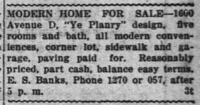 Home for Sale, Brownwood, Texas, September 21, 1920.