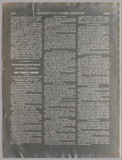 [Copy of Congressional Record Page: Extension of Remarks of Hon. Lyndon B. Johnson of Texas, April 25, 1950] - tells the story of the founding families of Galveston, including the Kempners
